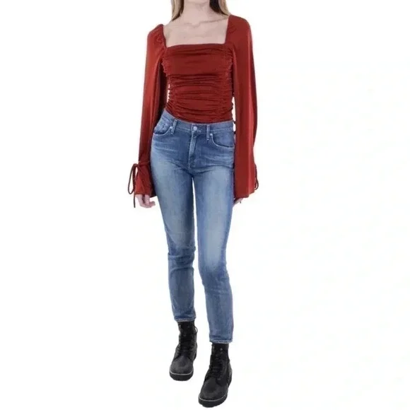 Free People Ruched Long Sleeve Bodysuit Cherry Chai Bottom Snap Closure Small - Picture 3 of 13
